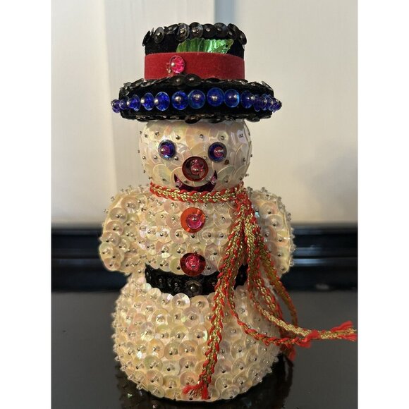 6 Vintage Push Pin Sequined Christmas Snowman Felt Soldier Mouse Duck Ornaments - Picture 4 of 10